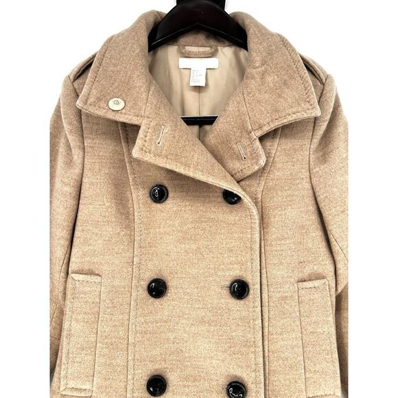 H&M Sz 6 Faux Wool Pea Coat Women’s Lined, Doubled Breasted Beige Career Preppy - Picture 2 of 11